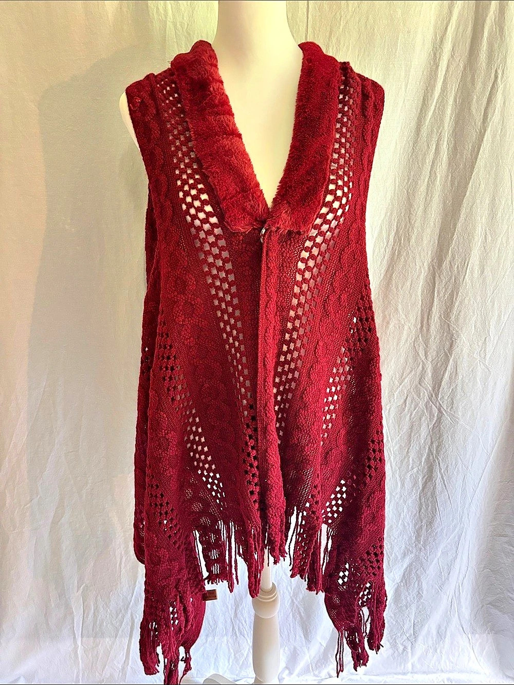 Boho Hippie Crochet Hooded Vest in Beautiful Burgandy